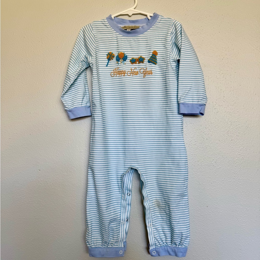 Southern Darlin Smocks Blue Striped One-Piece Romper - Happy New Year Embroidery
